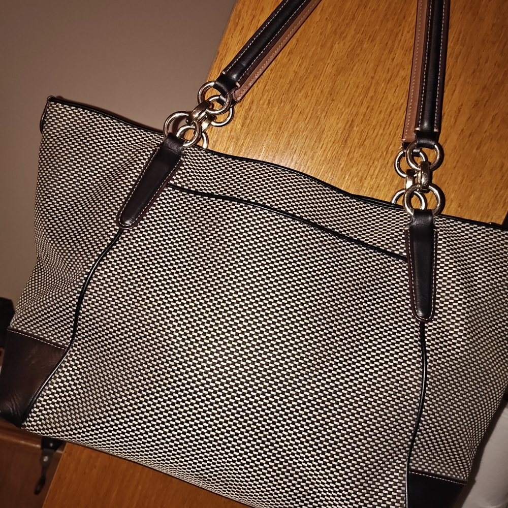 Coach Black and White Signature Tote with Brown Leather Handles - Picture 2 of 4